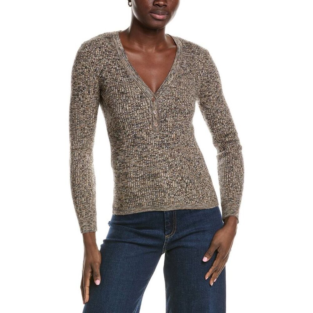 Minnie Rose Womens  Cashmere-Blend Rib Marled Henley Cardigan, Brown